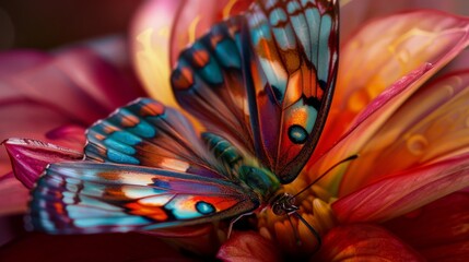 Poster - A macro image of a colorful butterfly resting on a flower petal, showcasing its intricate wing patterns.