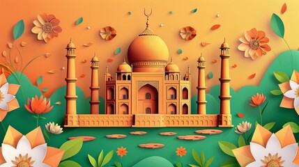 Wall Mural - The Taj Mahal is illustrated with paper flowers and a green background