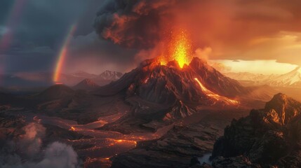Poster - A majestic shot of a volcano erupting with a rainbow visible in the background, juxtaposing beauty and destruction.