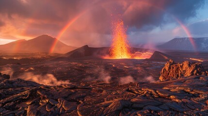 Poster - A majestic shot of a volcano erupting with a rainbow visible in the background, juxtaposing beauty and destruction.