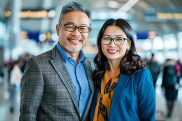 Wall Mural - Portrait of a cheerful couple in their 40s dressed in a stylish blazer on bustling airport terminal background