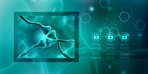 Poster - 3d rendering Synapse and Neuron cells sending electrical chemical signals

