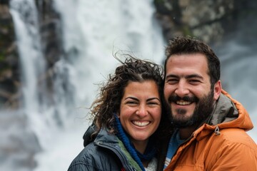 Wall Mural - Portrait of a smiling couple in their 30s wearing a trendy bomber jacket while standing against backdrop of a spectacular waterfall