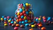 © cac_tus - Colorful candy jar on dark wooden table, bright and vibrant sweets concept