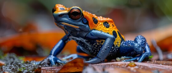 Wall Mural - In the dense rainforest, the poison dart frog's vivid colors signal its toxicity. Thriving in the damp undergrowth, these tiny amphibians play a key role in the forest's ecosystem.