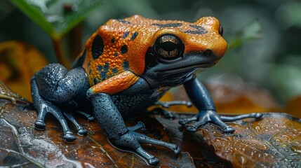 Wall Mural - Amid the rainforest's thick vegetation, the poison dart frog's bright colors alert predators to its danger. These small amphibians thrive in the damp leaf litter, feeding on insects.