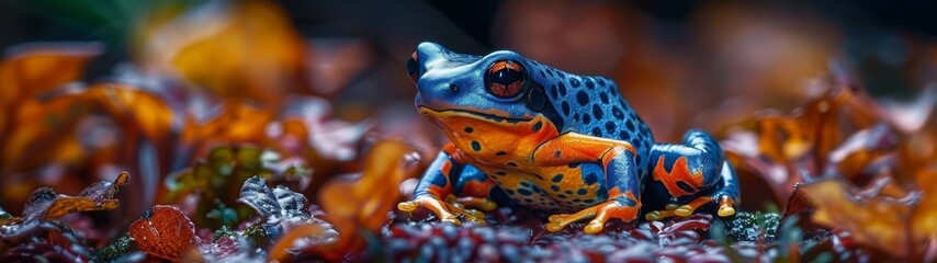 Wall Mural - In the rainforest's dense foliage, the poison dart frog's vivid hues signal danger. These small yet vibrant amphibians flourish in the leaf-littered undergrowth, contributing to the ecosystem.