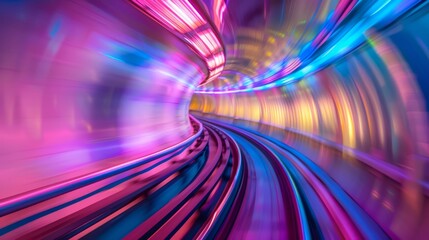 Poster - The image showcases a neonlit futuristic tunnel with colorful speed trails, conveying highspeed motion and vibrant aesthetics. It gives a dynamic feel of technology and innovation