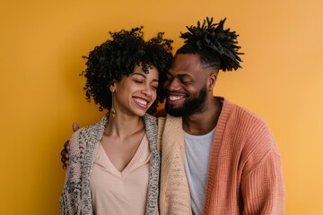 Wall Mural - Portrait of a joyful mixed race couple in their 30s wearing a chic cardigan isolated on pastel yellow background