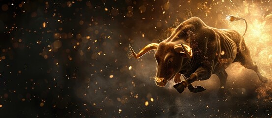 3d illustration of golden bull breaking through the bitcoin logo, dark background, with light particles and dust in the air, high resolution, highly detailed