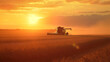 © suyu - Combine Harvester Working on Soybean Field During Sunset, Agricultural Machinery in Action