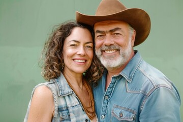Wall Mural - Portrait of a happy caucasian couple in their 40s wearing a rugged cowboy hat on pastel green background