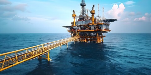 Wall Mural - Offshore Oil Rig Stands Out in Dramatic Seascape, Highlighting Human Engineering in Ocean. Concept Oil & Gas Industry, Engineering Marvel, Offshore Operations, Marine Environment, Human Ingenuity