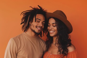 Wall Mural - Portrait of a blissful mixed race couple in their 20s donning a classic fedora in pastel orange background
