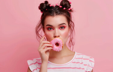 Canvas Print - A young woman with pink makeup holds up an donut to her eye, against the background of bright fuchsia and white colors