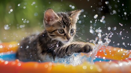 Fototapete - A playful kitten splashing water with its paws in a small, colorful plastic pool.