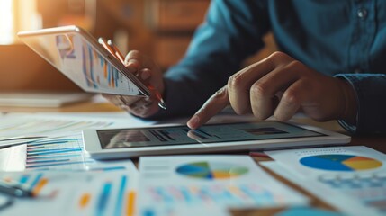 Fototapete - A professional analyzing a graph on a tablet, with additional financial documents spread out on the table.