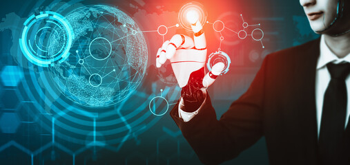 Poster - MLP 3D rendering futuristic droid robot technology development, artificial intelligence AI, and machine learning concept. Global robotic bionic science research for future of human life.
