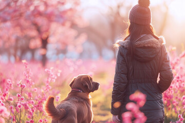 Wall Mural - French Woman Walking with Her Dog in Cherry Blossom Conservation Park