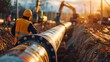 © Godam - Industrial pipeline installation with worker at sunset