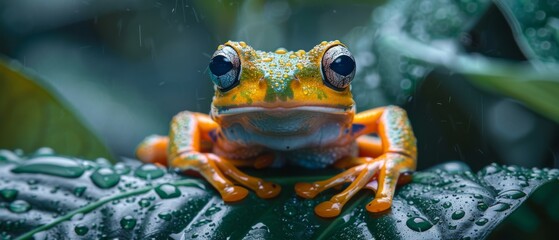 Wall Mural - In the thick foliage, the tree frog clings to leaves with sticky pads, its bright colors warning predators. These small amphibians thrive in the humid rainforest, their calls echoing at night.