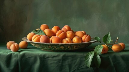 Poster - Bowl of apricots placed on a green table