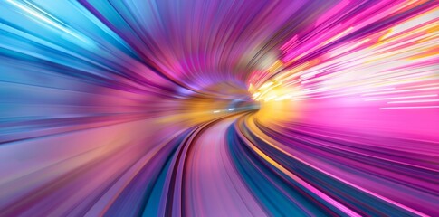 Poster - The image showcases a neonlit futuristic tunnel with colorful speed trails, conveying highspeed motion and vibrant aesthetics. It gives a dynamic feel of technology and innovation