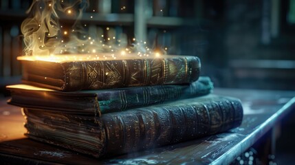 Old books stacked on a table with a vintage book glowing magically in a dark room