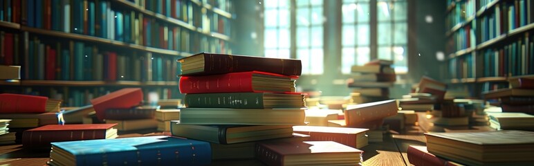 Wall Mural - 3d render of stack of books in the old library, cartoon