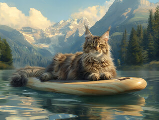 Wall Mural - Kitten on Paddle Board in Lake, Generative AI Illustration