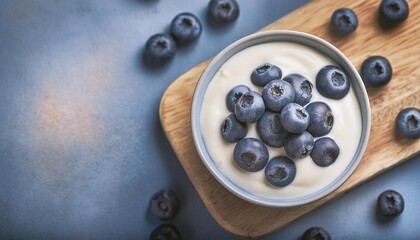 Wall Mural - bowl of yogurt topped with blueberries with empty space for text top view