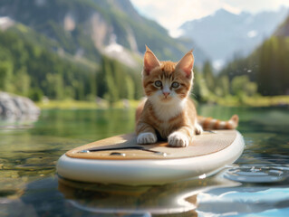 Wall Mural - Kitten on Paddle Board in Lake, Generative AI Illustration