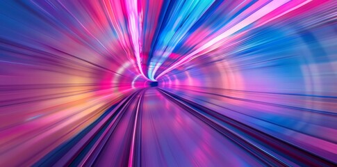 Poster - The image showcases a neonlit futuristic tunnel with colorful speed trails, conveying highspeed motion and vibrant aesthetics. It gives a dynamic feel of technology and innovation