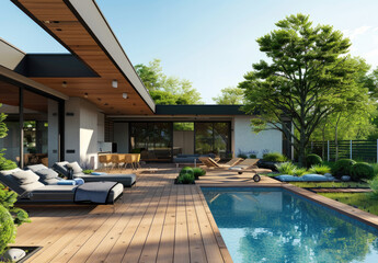 Wall Mural - Beautiful modern wooden terrace with garden and swimming pool