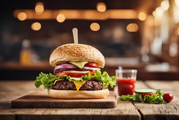 Wall Mural - Tasty burger on wooden table with professional Background.