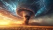 © Boonanan - Breathtaking tornado over a flat prairie, massive rotating column of air connecting sky to ground
