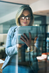 Aufkleber - Business woman, office and tablet with typing, email for deadline as project manager in web agency for communication. Female person, app and working on tech for connection as professional for company