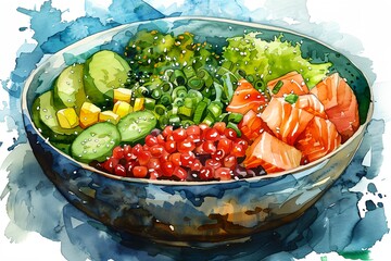 Wall Mural - a painting of a poke bowl with watercolor splashes on the background