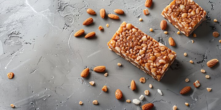 two pieces of cake with nuts on a table with a gray background