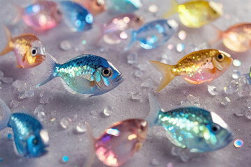 Wall Mural - Small glass fish with a holographic chrome surface lie on the sand, a fantastic background.