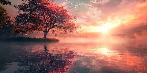 Wall Mural - painting of a tree in the middle of a lake at sunset with a sun setting behind it and a foggy sky