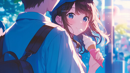 Poster - boy and girl on a date while bringing ice cream, anime style