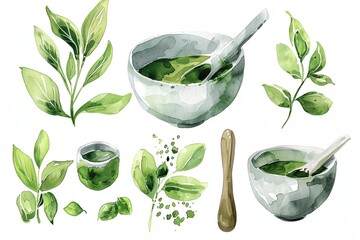 a watercolor drawing of a mortar, bowl, spoon and leaves