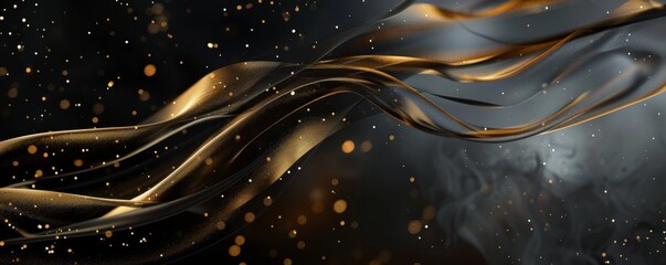 Elegant golden ribbon floating on black background with shimmering particles