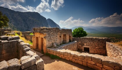 greece view of ancient ruins of mycenae at sunny summer day