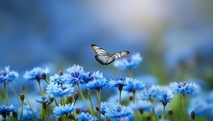 Wall Mural - a butterfly flies around in a blue flowering meadow in spring