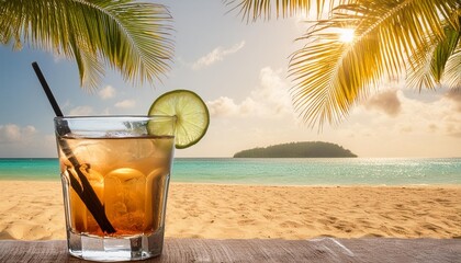 Wall Mural - cocktail on a tropical beach with palm trees and sea