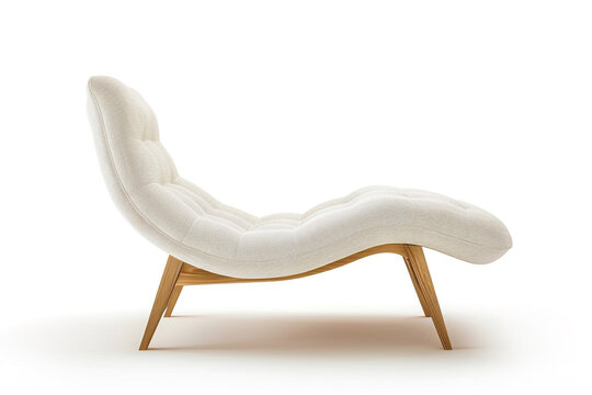 Minimalist white fabric chaise longue chair with wooden legs isolated on solid white background.