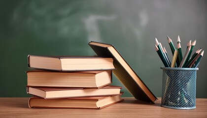 stack of books on desk with chalkboard