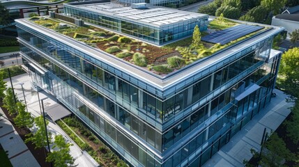 Wall Mural - A birds-eye view of a modern glass office building with a green roof and sustainable features
